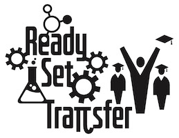 science icons to the left of three stick figures with graduation caps and the text ready set transfer