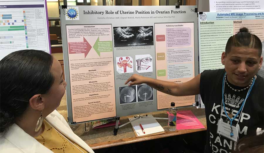two students indicating information on a research project poster