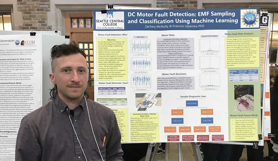 student standing in front of a research display poster