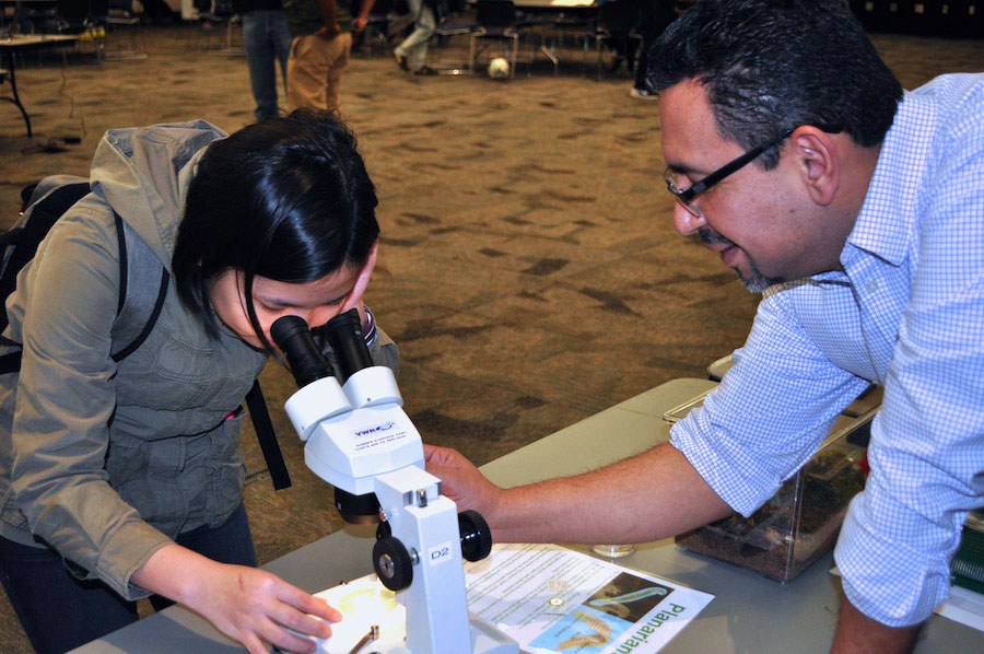 faculty helping student look into microscope